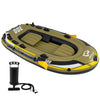 Three-person inflatable fishing raft set in green with oars and pump, ideal for water adventures.