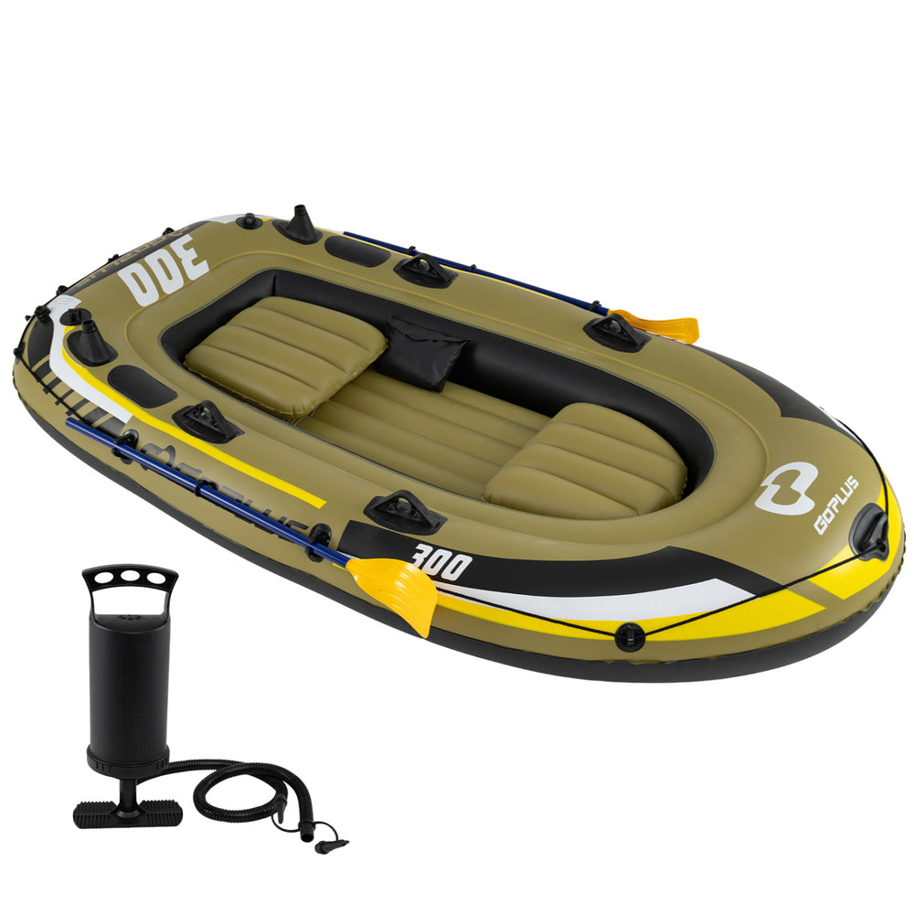 Three-person inflatable fishing raft set in green with oars and pump, ideal for water adventures.