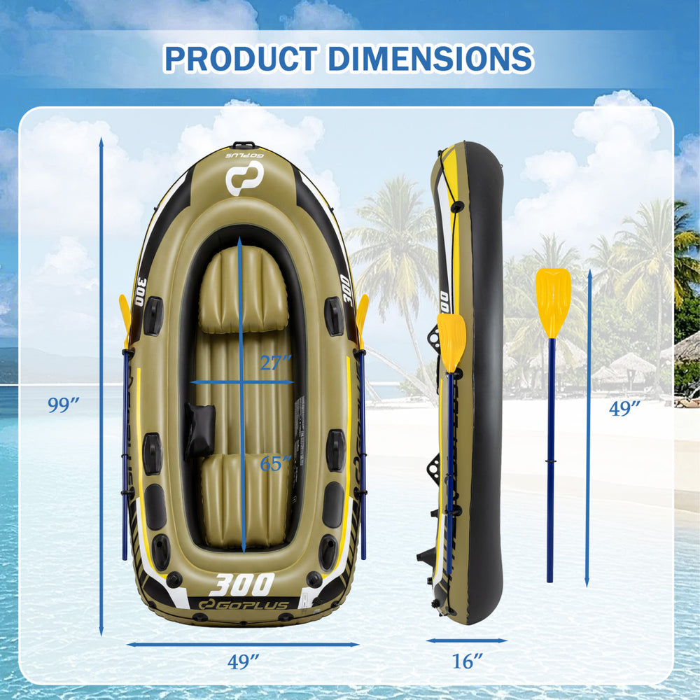 Inflatable 3-person fishing raft set in green, showing dimensions and included oars and pump for water adventures.