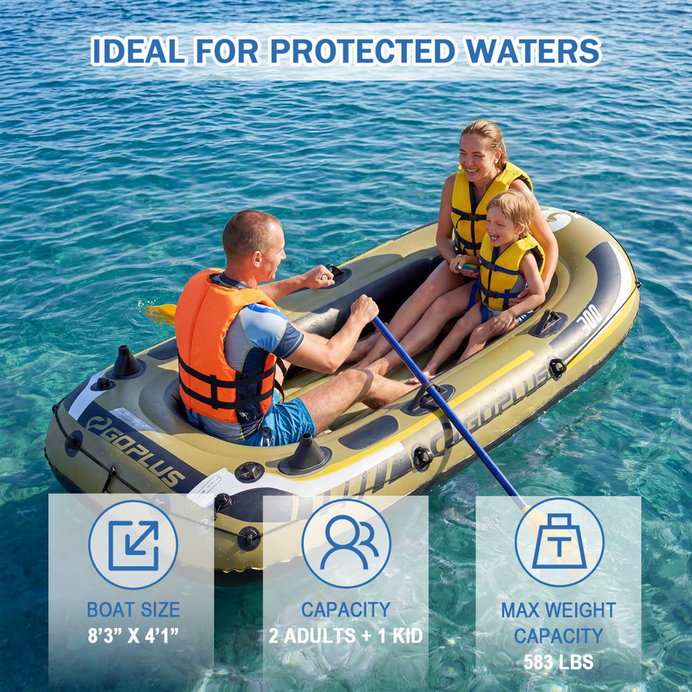 Three-person inflatable fishing raft in green, suitable for protected waters, with a capacity of 583 lbs.