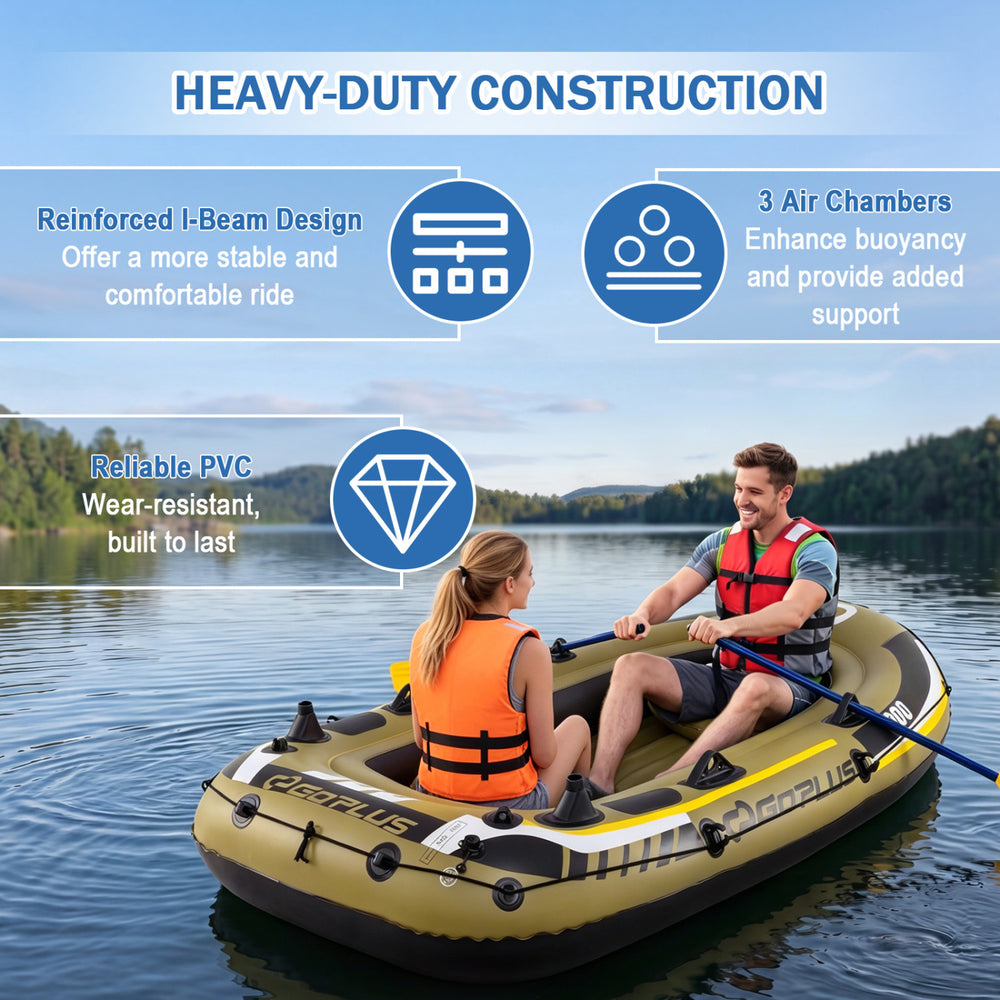 Three-person inflatable fishing raft in green with oars and pump, featuring heavy-duty PVC construction for durability.