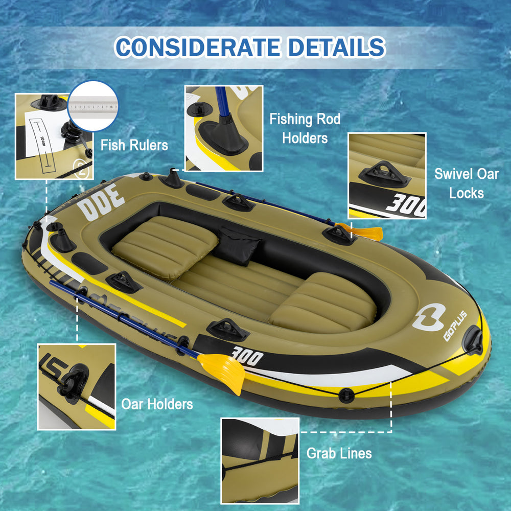 Inflatable 3-person fishing raft in green with oar holders, fishing rod holders, and grab lines for easy handling.