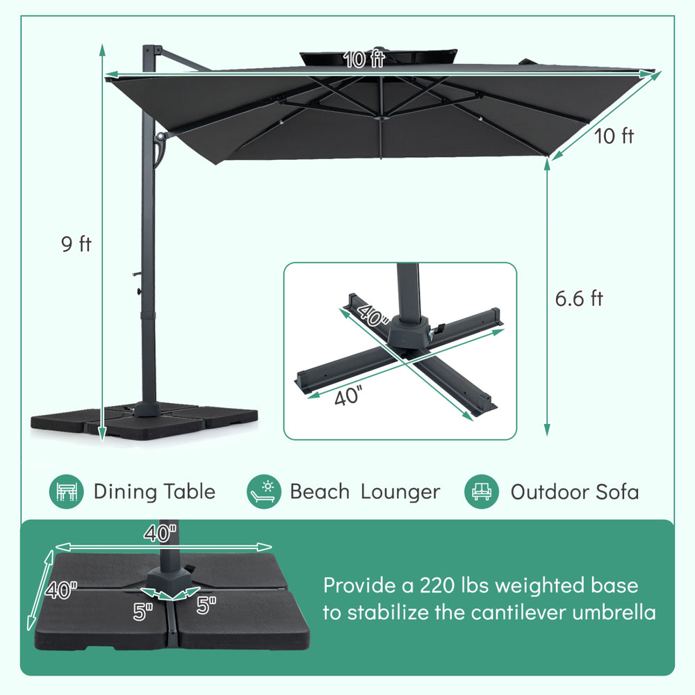 10 ft gray cantilever umbrella with a 220 lbs base, ideal for outdoor dining tables and beach loungers.