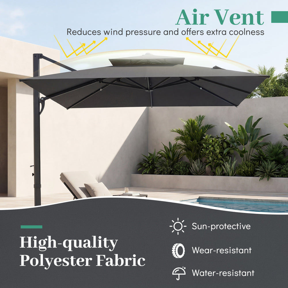 Gray 10 FT cantilever umbrella with aluminum pole and air vent, made of high-quality, water-resistant polyester fabric.