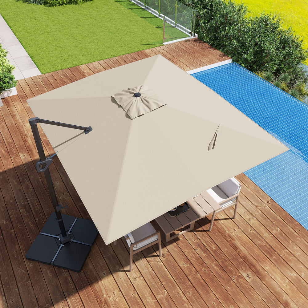 Beige 11 x 9 FT outdoor offset hanging umbrella with aluminum pole and 360° rotation, perfect for patio shading.