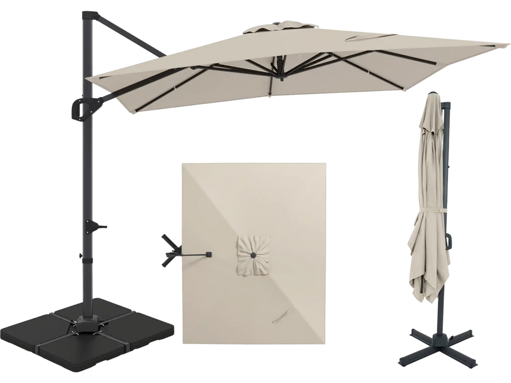 Offset hanging umbrella with aluminum pole, 11 x 9 FT in beige, featuring 360° rotation for outdoor shade.