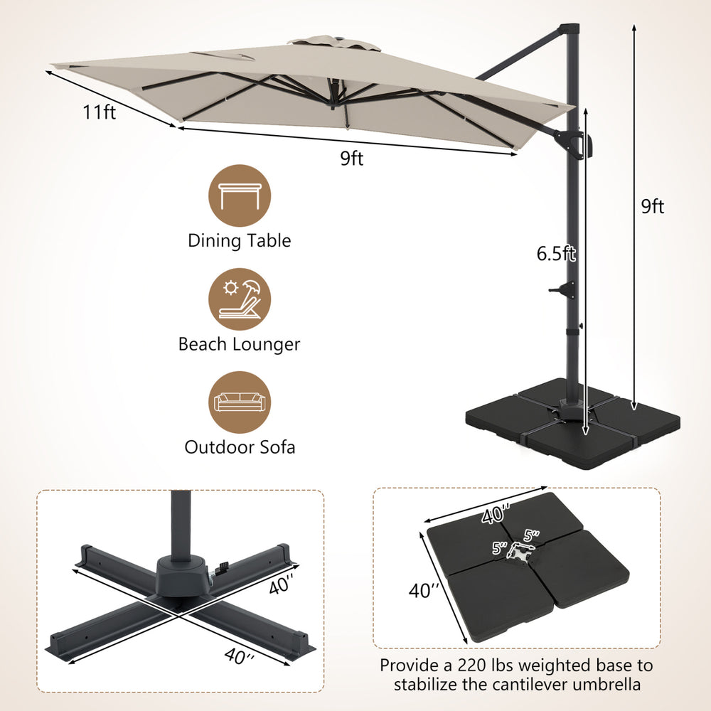 Beige 11 x 9 FT outdoor offset hanging umbrella with aluminum pole and 360° rotation, ideal for patio dining or.