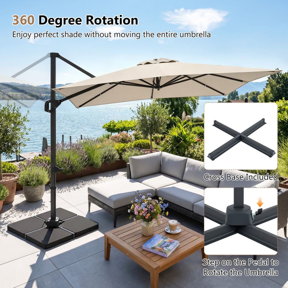Offset hanging umbrella with 360° rotation in beige, featuring an aluminum pole, perfect for outdoor patio shade.