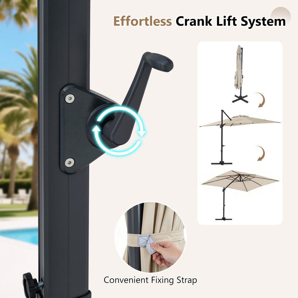 Offset hanging umbrella with aluminum pole and crank lift system, featuring 360° rotation in beige for outdoor use.