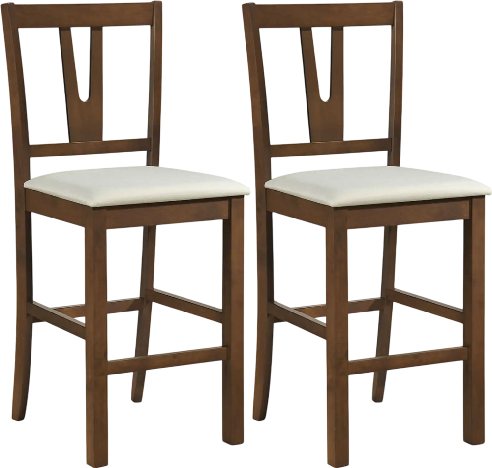 Counter height bar stools with contoured V-back in a rich brown finish, set of 2 for kitchen or dining use.