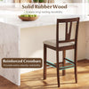 Counter height bar stool with contoured V-back in solid rubber wood, featuring reinforced crossbars for stability.