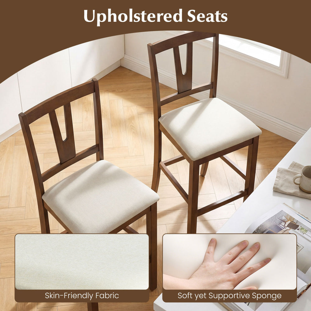 Counter height bar stools with contoured V-back, featuring skin-friendly fabric and soft supportive sponge seats.
