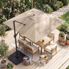 10 FT cantilever patio umbrella in beige with solar LED lights, providing shade for outdoor dining set on a deck.