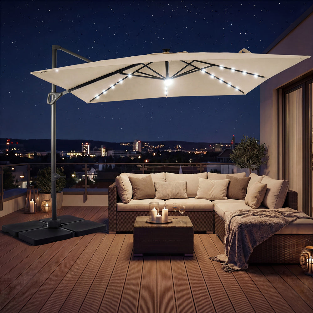 10 FT cantilever patio umbrella in beige with solar LED lights, enhancing outdoor seating area for evening relaxation.