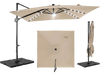 10 FT cantilever patio umbrella in beige with solar LED lights and sturdy 220 lbs base for outdoor shading.