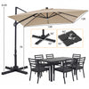 10 FT cantilever patio umbrella in beige with solar LED lights, positioned over a dining set for outdoor use.