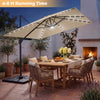 10 FT cantilever patio umbrella in beige with solar LED lights, providing shade for outdoor dining and relaxation.