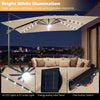 10 FT cantilever patio umbrella in beige with 32 solar LED lights, perfect for evening outdoor gatherings.