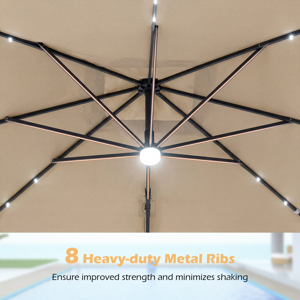 Heavy-duty metal ribs of the 10 FT cantilever patio umbrella ensure strength and minimize shaking for outdoor use.