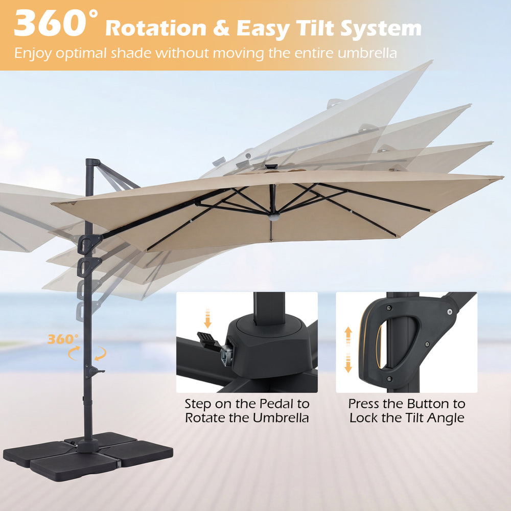 10 FT cantilever patio umbrella with beige fabric, featuring a 360° rotation and easy tilt system for optimal shade.