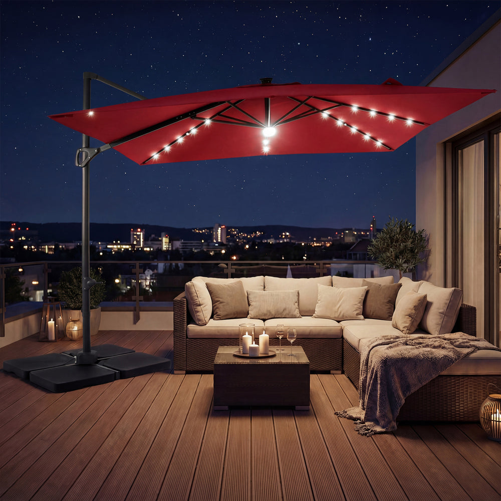10 FT Cantilever Patio Umbrella with 32 Solar LED Lights and 220 LBS Base-Red - Gallery View 1 of 10