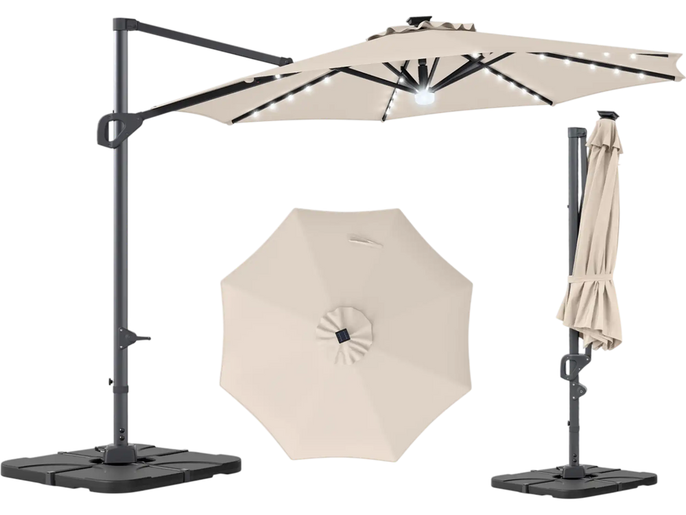 10 FT cantilever patio umbrella in beige with solar LED lights and a 220 lbs base, perfect for outdoor shade.