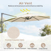 10 FT cantilever patio umbrella in beige with air vent, premium polyester fabric, and solar LED lights for outdoor use.