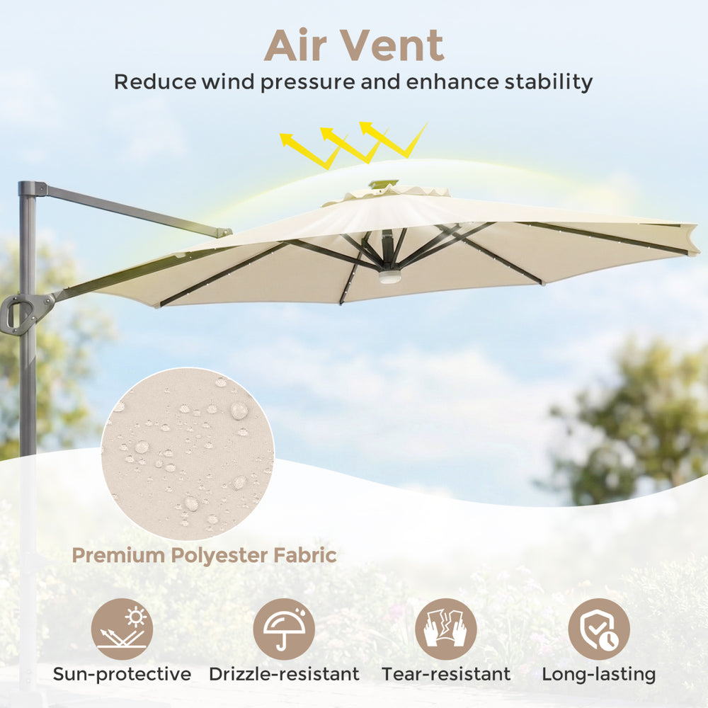 10 FT cantilever patio umbrella in beige with air vent, premium polyester fabric, and solar LED lights for outdoor use.