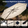 10 FT cantilever patio umbrella with 35 solar LED lights, beige fabric, and central light for outdoor ambiance.