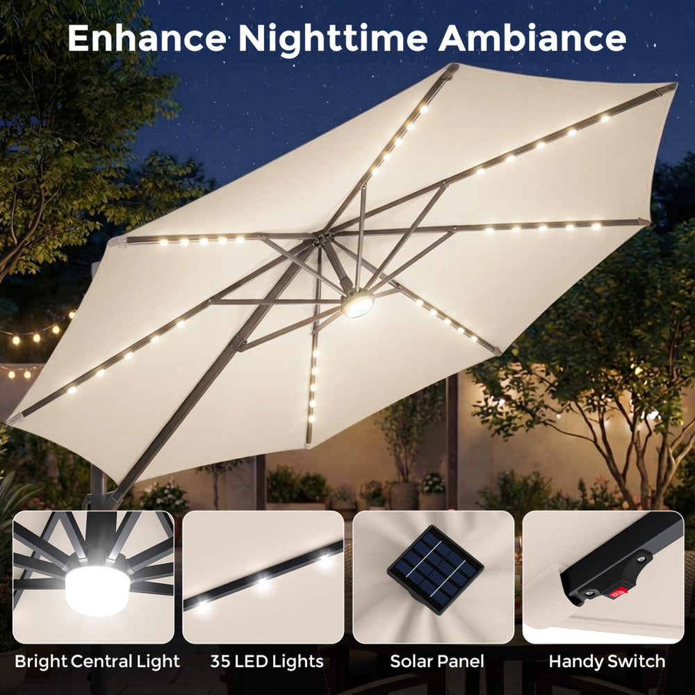 10 FT cantilever patio umbrella with 35 solar LED lights, beige fabric, and central light for outdoor ambiance.
