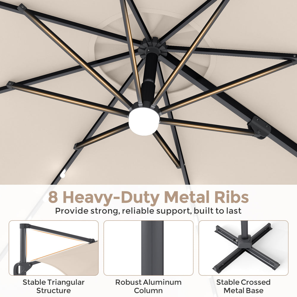 Close-up of the 10 FT cantilever patio umbrella's heavy-duty metal ribs and robust aluminum column for reliable support.
