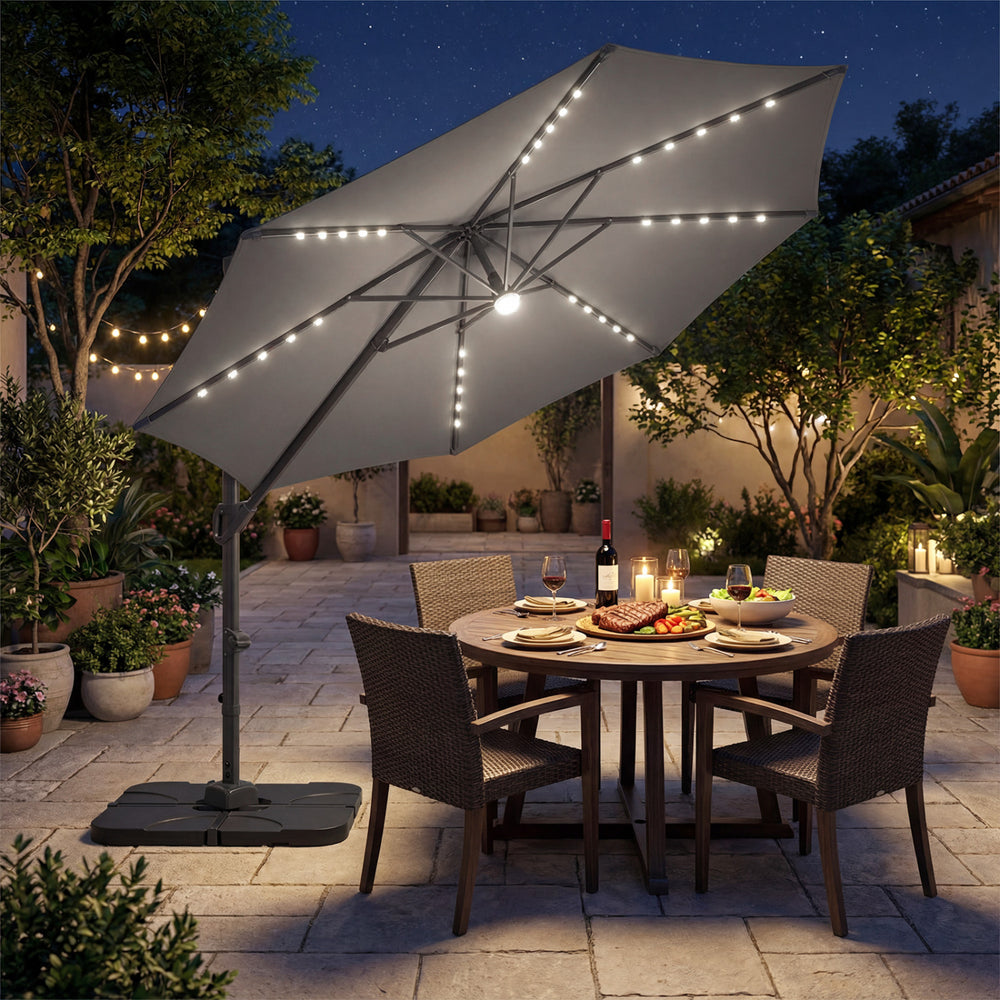 10 FT Cantilever Patio Umbrella with 35 Solar LED Lights and 220 LBS Base-Gray - Gallery View 1 of 9
