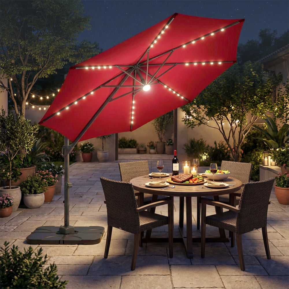 10 FT Cantilever Patio Umbrella with 35 Solar LED Lights and 220 LBS Base-Red - Gallery View 1 of 9