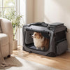 Collapsible soft dog crate with mesh windows, featuring three doors, ideal for travel and pet comfort.