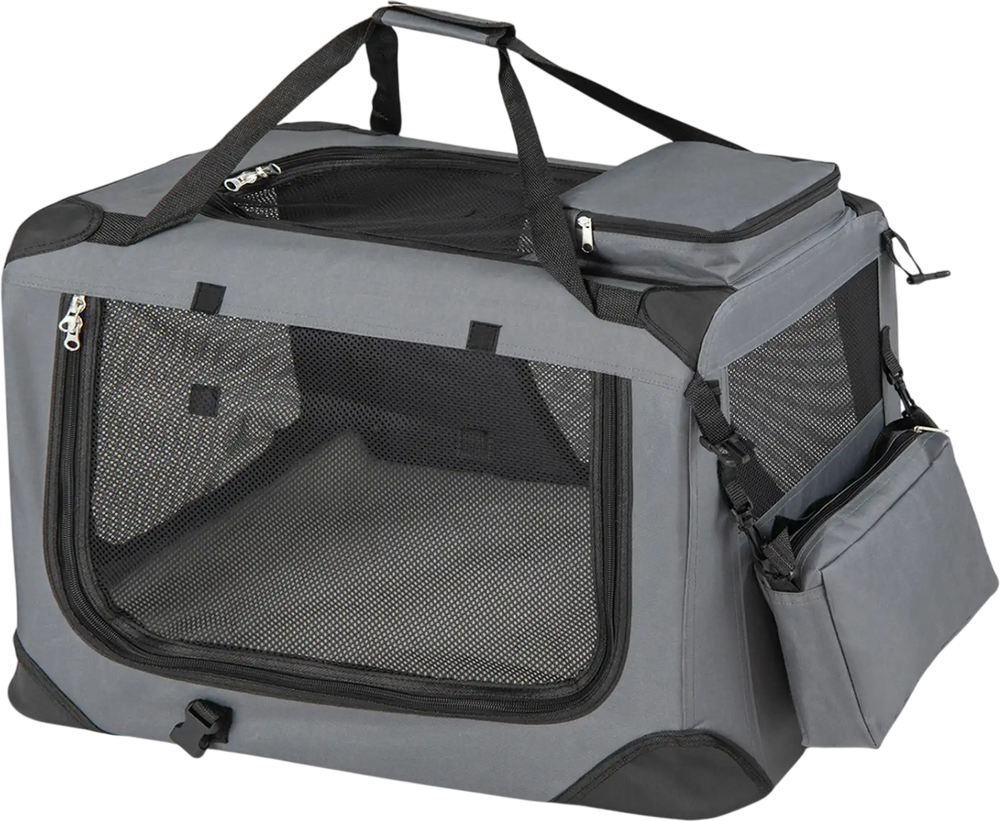 Collapsible soft dog crate with mesh windows and three doors, ideal for travel and pet comfort.