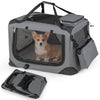 Collapsible soft dog crate with mesh windows and three doors, ideal for travel and easy storage.