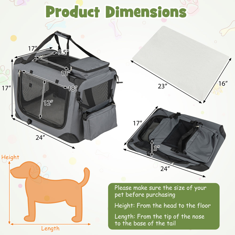 Collapsible soft dog crate with mesh windows, dimensions 24" x 24" x 27", ideal for pet travel and comfort.