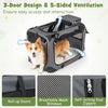 Collapsible soft dog crate with breathable mesh windows, 3 doors, and self-locking zippers for easy travel.