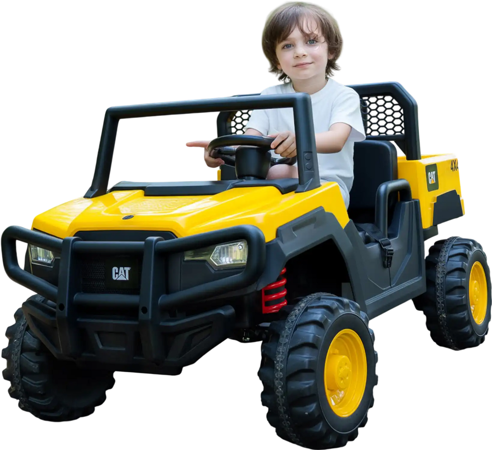 Yellow 24V licensed Caterpillar ride-on dump truck with a child driver, perfect for outdoor fun and adventure.