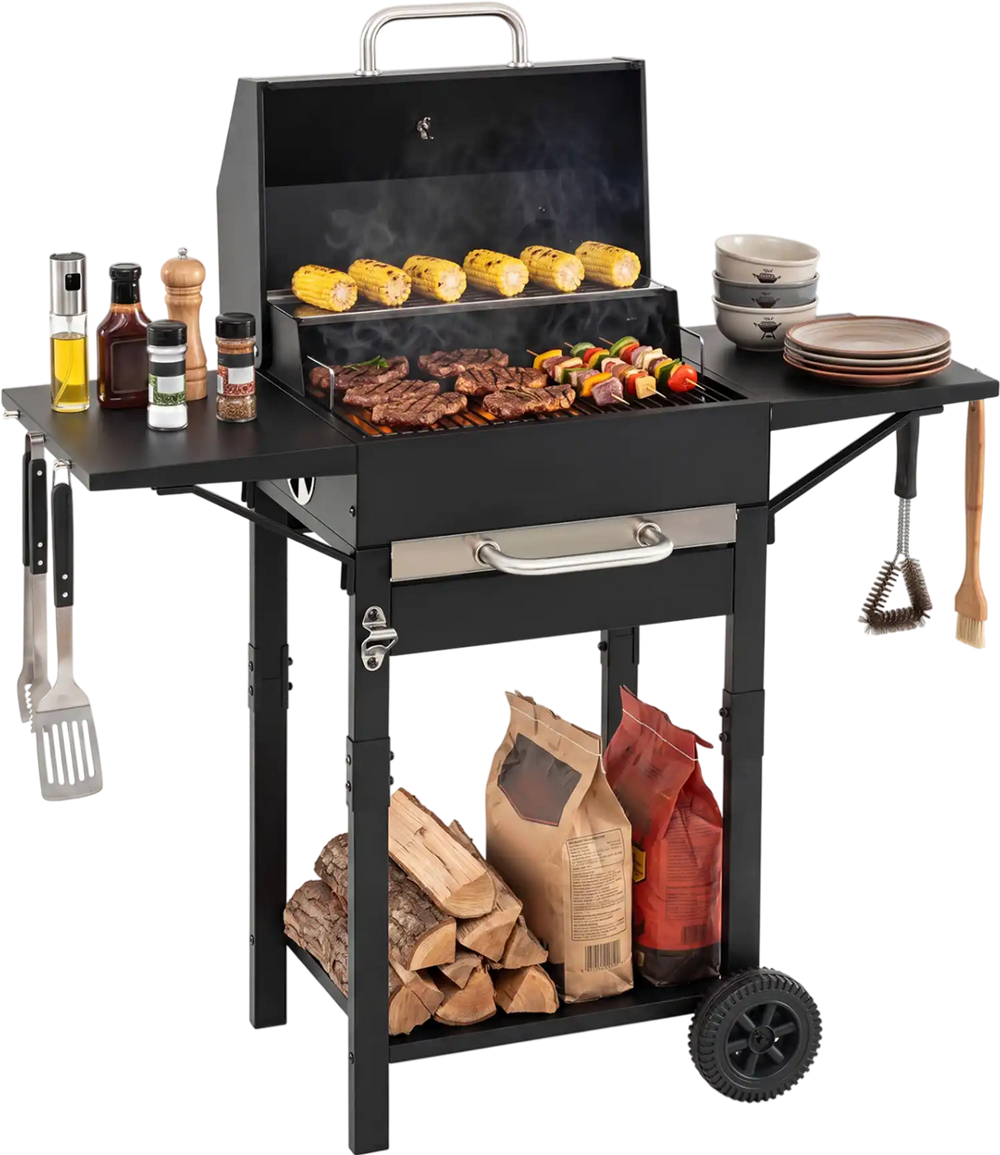 Charcoal Grill with 2 Side Tables & Adjustable Chimney 284 sq.in