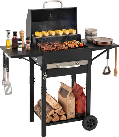 Costway Charcoal Grill w/ 2 Side Tables & Adjustable Chimney 284 sq.in 86994247 New