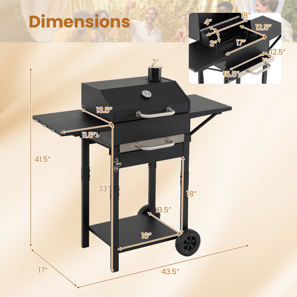Charcoal grill with thermometer, two side tables, and wheels, featuring a 284 sq.in cooking area for outdoor grilling.