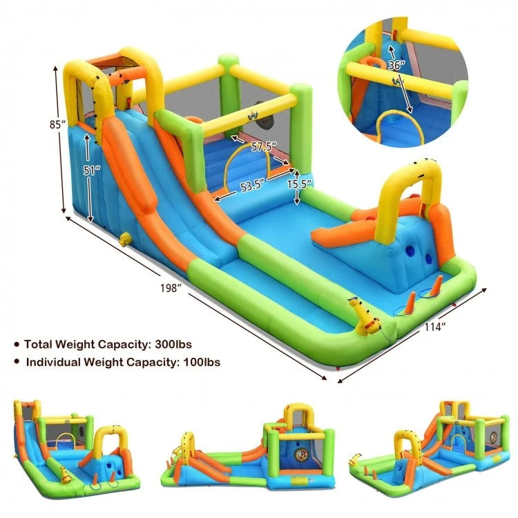 8-in-1 water slide with double slides and pool, made from durable Oxford cloth, perfect for backyard fun.