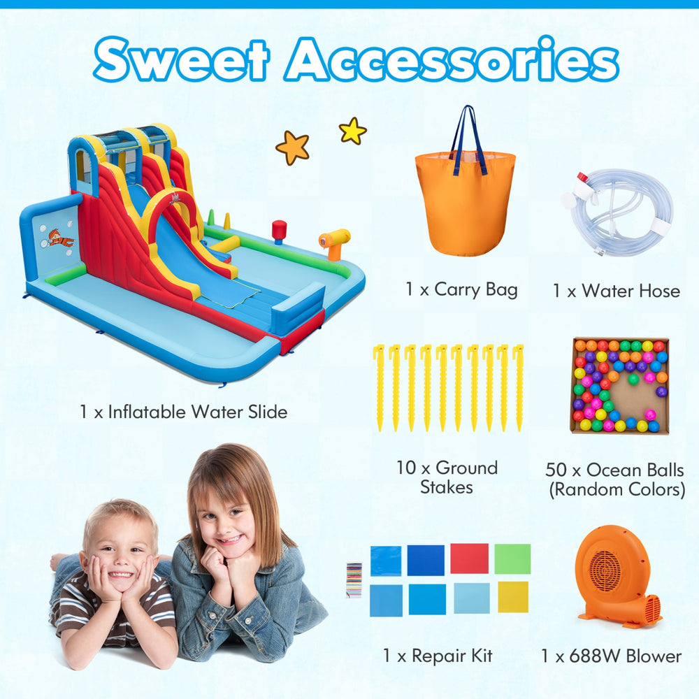 Inflatable water slide park with 680W blower, featuring colorful ocean balls and accessories for backyard fun.