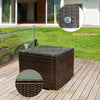 Square coffee table featuring thick tempered glass and rattan weave, secured with suckers for outdoor patio use.