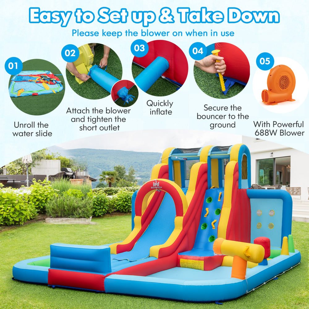 Inflatable water slide park with 680W blower, featuring vibrant colors and secure mesh walls for backyard fun.