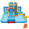Inflatable water slide park with dual slides and climbing wall, perfect for summer backyard fun with kids.