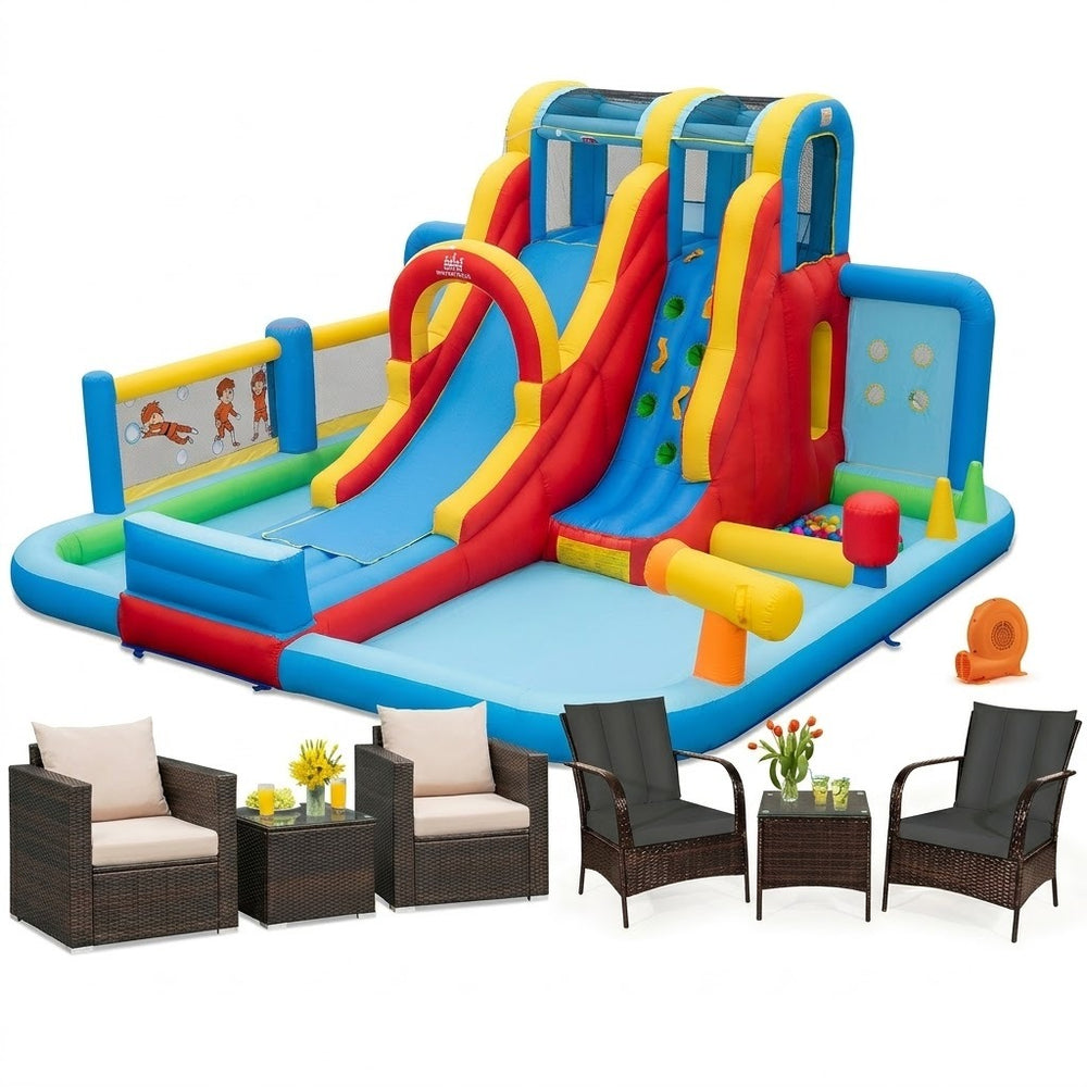 Inflatable water slide park with colorful design, paired with 6-piece rattan patio furniture set for backyard fun.