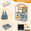 Wooden mud kitchen and BBQ grill set featuring dual sinks, storage baskets, and blackboards for outdoor play.