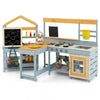 Colorful 4-in-1 wooden mud kitchen and BBQ grill set with picnic table, featuring realistic water action and storage.